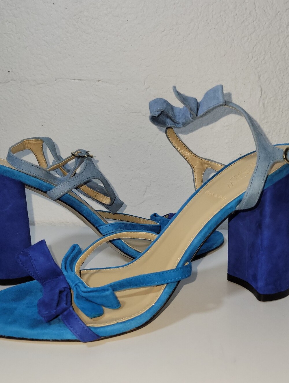 J. Crew Two-Tone Blue Suede Block Heel Sandals with Bow